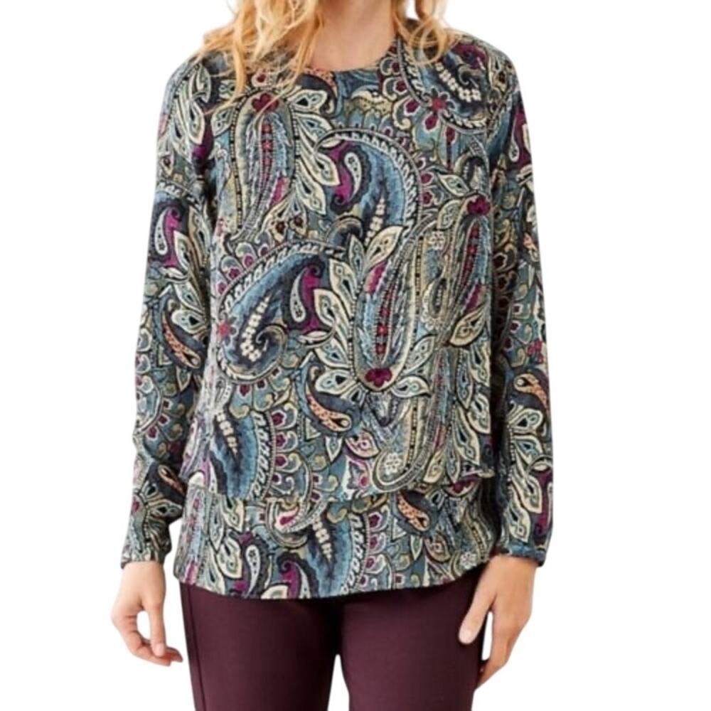 J Jill Long Sleeve Carmine Blouse Teal Green Paisley Double Layer Hem Women's XS